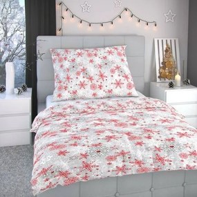 Kvalitex Hópelyhek karácsonyi flanel ágyneműhuzat piros-szürke, 140 x 200 cm, 70 x 90 cm