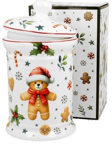 Karácsonyi porcelán keksztároló tetővel mézeskalács macis díszdobozban