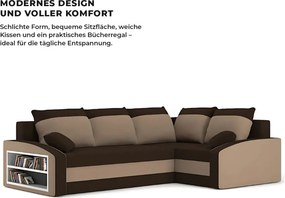 Grande sarokkanapé polcokkal , polc a bal karfaban, jobboldali, szövet anyag, hab töltet, barna