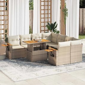 9 részes bézs polyrattan akácfa kerti ülőgarnitúra párnákkal