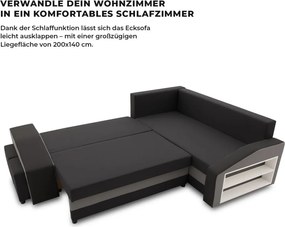 Grande sarokkanapé polcokkal és puffokkal , polc a jobb karfaban puffok a bal karfaban, jobboldali, szövet anyag, hab töltet, fekete - szürke