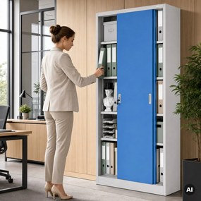 Fém irodai szekrény tolóajtókkal, szürke-kék, 900x1850x400 mm: KUBA