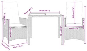 3 részes fekete polyrattan és akácfa bisztrószett párnákkal