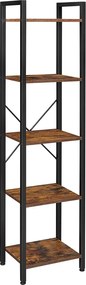 Könyvespolc, 5 szintes tároló állvány acél kerettel 40x30x146 cm, rusztikus barna és fekete
