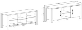 Olin 41 TV-szekrény 147 cm nyitott rekeszekkel - karamell tölgy / fekete szupermatt