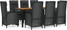 vidaXL 9 részes fekete polyrattan kerti étkezőgarnitúra párnákkal