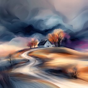 Vászonkép Canvas Tájkép Dombok Falu Ház Fa Felhők Vihar 80x80