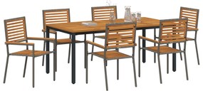 7 Darabos Kert Étkező Szett Szürke Polyrattan Akác, Összeépíthető Kerti Székek Párnákkal 2 db Szürke Polyrattan, Kerti Asztal 180x90x75 cm Szilárd Akác Fa és Fém