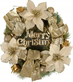 Arany karácsonyi koszorú virágokkal és Boldog Karácsonyt felirattal 30 cm