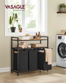 Szennyesszortírozó, szennyeskosár 3 kihúzható és kivehető zsákkal, 3 × 40 L, barna és fekete