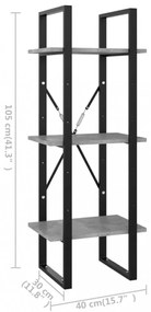 3-szintes betonszürke szerelt fa könyvszekrény 40 x 30 x 105 cm