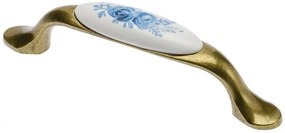 Fogantyú porcelán-fém,   96mm, 728P, kék virágmintás antik bronz