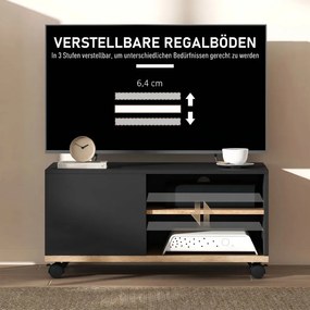 HOMCOM TV állvány görgőkön és fékekkel, TV bútor szekrénnyel és állítható polccal, fekete és tölgyfa