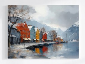Poszter Norvégia Hegyek Bergen Bérházak Fjord Tél 80x60