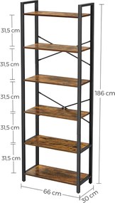 6 szintes könyvespolc tároló polc acélkerettel 66 x 30 x 186 cm , rusztikus barna