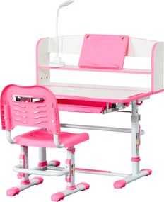 HOMCOM Magasságállítható Gyermek Íróasztal és Szék Szett 6-12 Éveseknek, Iskolai Pad 45°-ban Dönthető Asztallal, Lámpával, Fiókkal, Polccal, Tolltartó