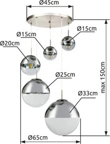 Globo 15851-5 Függeszték, nikkel matt, üveg átlátszó,króm, 5 gömb, DM: 2x15-20-25-35 cm, Foglalat típusa:5xE27 60W 230V