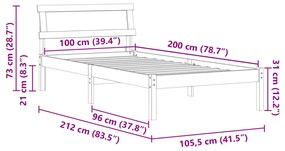Ágykeret Fejvéggel és LED-dal - Wax Barna, 100 x 200 cm, Tömbfenyő.