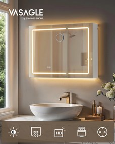 Fürdőszobai faliszekrény tükörrel és LED világítással, 16,5 x 80 x 60 cm, fehér