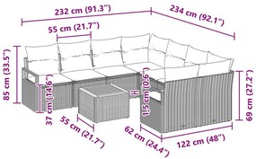 9 Darabos Kert Sofa Szett Párnákkal Bézs Poli Rattan Akác, Kétfős Kert Sofa Párnákkal Bézs Poli Rattan