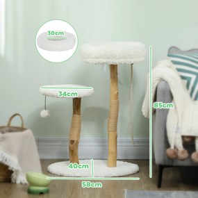 PawHut Macska Fakó, 85 cm, Mászófa Ággyal, Kaparóposztokkal, Ugróplatformmal, Labdával és Játékkötéllel, Belső Használatra, Fehér | Aosom