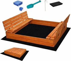 Gyerek fa homokozó fedővel és padokkal Baby Mix 180x180 cm