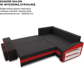 Grande sarokkanapé polcokkal és puffokkal , polc a jobb karfaban puffok a bal karfaban, jobboldali, szövet anyag, hab töltet, fekete - piros