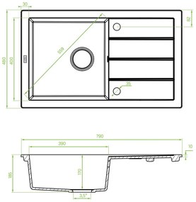 Laveo Trzynastka, 1 kamrás gránit mosogató 790x480x185 mm, szürke, LAV-SBP_511T