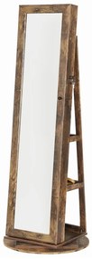 Álló ékszerszekrény, 360°-ban forgatható, zárható, tükörrel, rusztikus barna 162x55x55cm