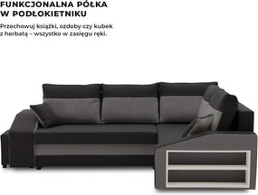 Grande sarokkanapé polcokkal és puffokkal , polc a jobb karfaban puffok a bal karfaban, jobboldali, szövet anyag, hab töltet, fekete - szürke