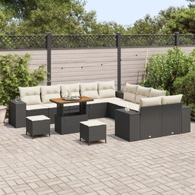 13 Darabos Kert Sofa Szett Párnákkal Fekete Poli Rattan Akácia, 3 Darabos Kert Étkező Szett Párnákkal Fekete Poli Rattan Akácia