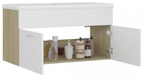 fehér, tölgyszínű szerelt fa mosdószekrény beépített kagylóval