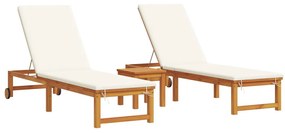 Napozóágy 2 db asztallal és párnákkal Tömör akácfából, Napozóágy krém párnákkal Tömör akácfából, Kerti oldalasztal 35x35x34 cm Tömör akácfából