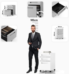 Fém gurulós konténer íróasztal alá KATE 390 x 600 x 500 mm, fehér