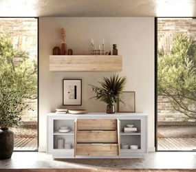 SKY 2.0 komód 2 ajtóval és 3 fiókkal, fehér matt lakkozott vázzal és Cadiz tölgy mintázatú laminált előlapokkal