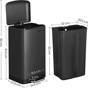 Konyhai szemetes, 30 literes , acélpedálos kuka fedéllel és belső vödörrel,  fekete