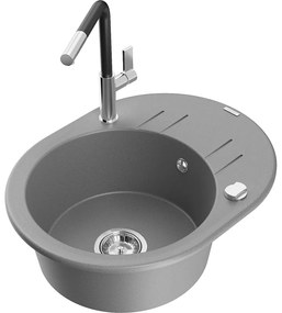 Mexen Kevin, 1 kamrás gránit mosogató 586x458x190 mm és Flora mosogató csaptelep, szürke, 6517-71-670401-07