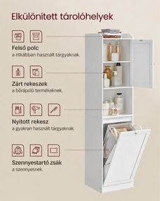 170 cm Magas fürdőszobai szekrény szennyeskosárral,  tárolóegységgel, felhőfehér