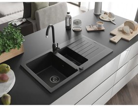 Mexen Matias, gránit mosogató 900x505x200 mm, 1,5 kamrás és fekete Telma csaptelep, fekete-ezüst metál, 6502-73-670200-70-B