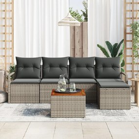 6 darabos kertiszófa készlet párnákkal szürke poli rattan akáccal, 2-személyes kertiszofa tárolóval és párnákkal szürke poli rattan