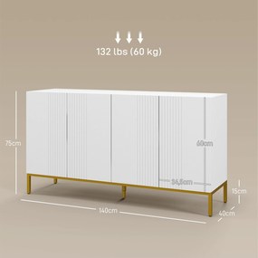 HOMCOM Modern Grafikai Tervezésű Tároló Buffét Szekrény 2 Szekrénnyel, Állítható Polcokkal, Fehér Fa, Arany Fém | Aosom