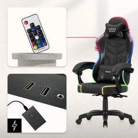 Gamer szék, forgó, ergonómikus, RGB világítással, fekete