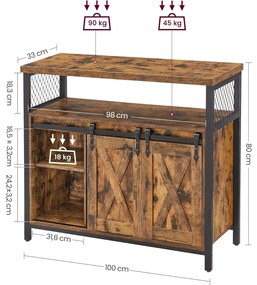 Komód elhúzható ajtókkal és nyitott polcokkal, rusztikus barna 100x33x80cm