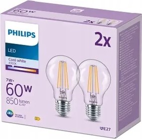 2 db-os Led izzó szett E27 A60 7W=60W 850lm 4000K Semleges Filament Philips