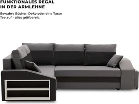 Grande sarokkanapé polcokkal és puffokkal , polc a bal karfaban puffok a jobb karfaban, baloldali, szövet anyag, bonell töltet, szürke - fekete