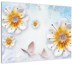 Kép - Kompozíció virágokkal és pillangókkal (üvegen) (70x50 cm)