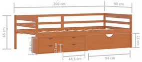 mézbarna fenyőfa ágykeret fiókokkal és szekrénnyel 90 x 200 cm