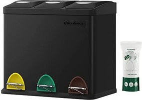 Kis szelektív konyhai hulladékgyűjtő, pedálos fedéllel, 3 x 8 literes  vödörrel, acél, fekete