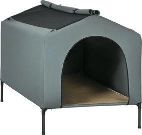 PawHut Kutya Ház Kültéri Borítással 130x85x95 cm Emelt Kutyafekhely Párnával és Felguruló Légáteresztő Ablakokkal Nagy Kutyák számára Szürke | Aosom