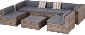 Outsunny 7 darabos kültéri rattan kertibútor szett kávézó asztallal és moduláris kanapéval párnákkal, Szürke | Aosom
